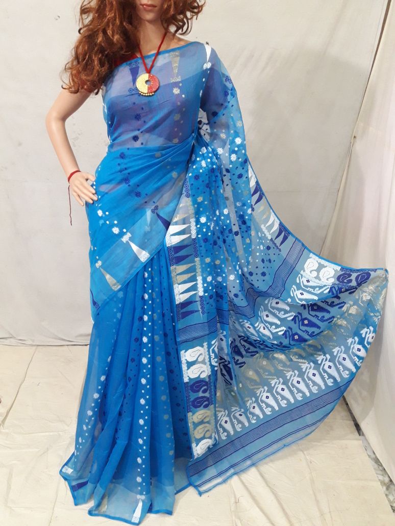 Blue Dhakai Jamdani Sarees - Dailybuyys