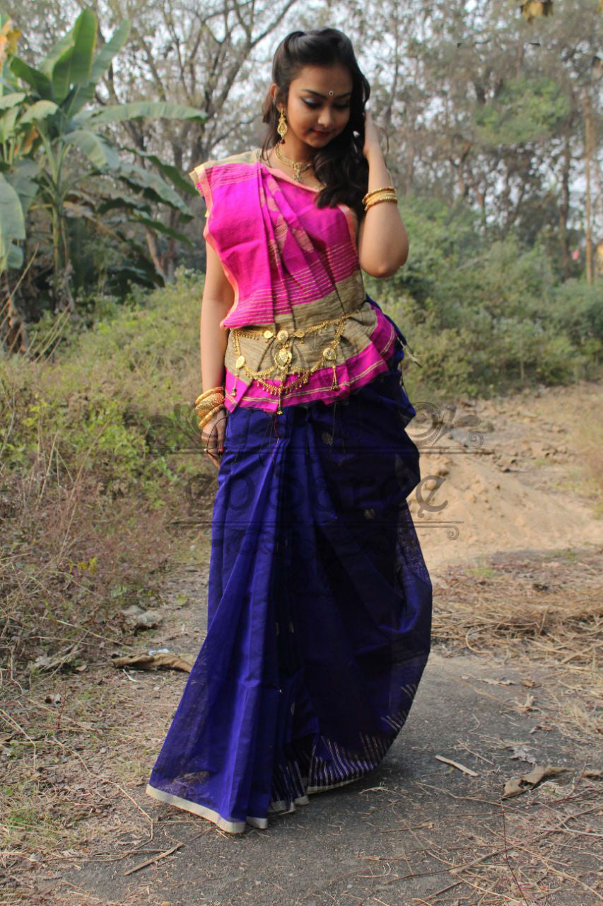Blue Pink Handloom Ghicha Sarees - Dailybuyys