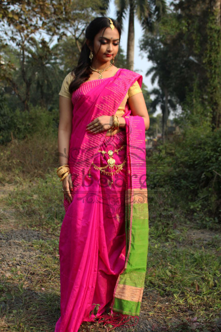 Pink Handloom Ghicha Sarees - Dailybuyys