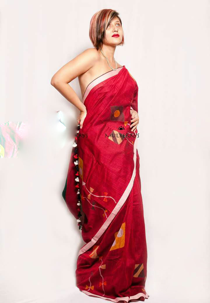 Red Pure Cotton Silk Sarees - Dailybuyys