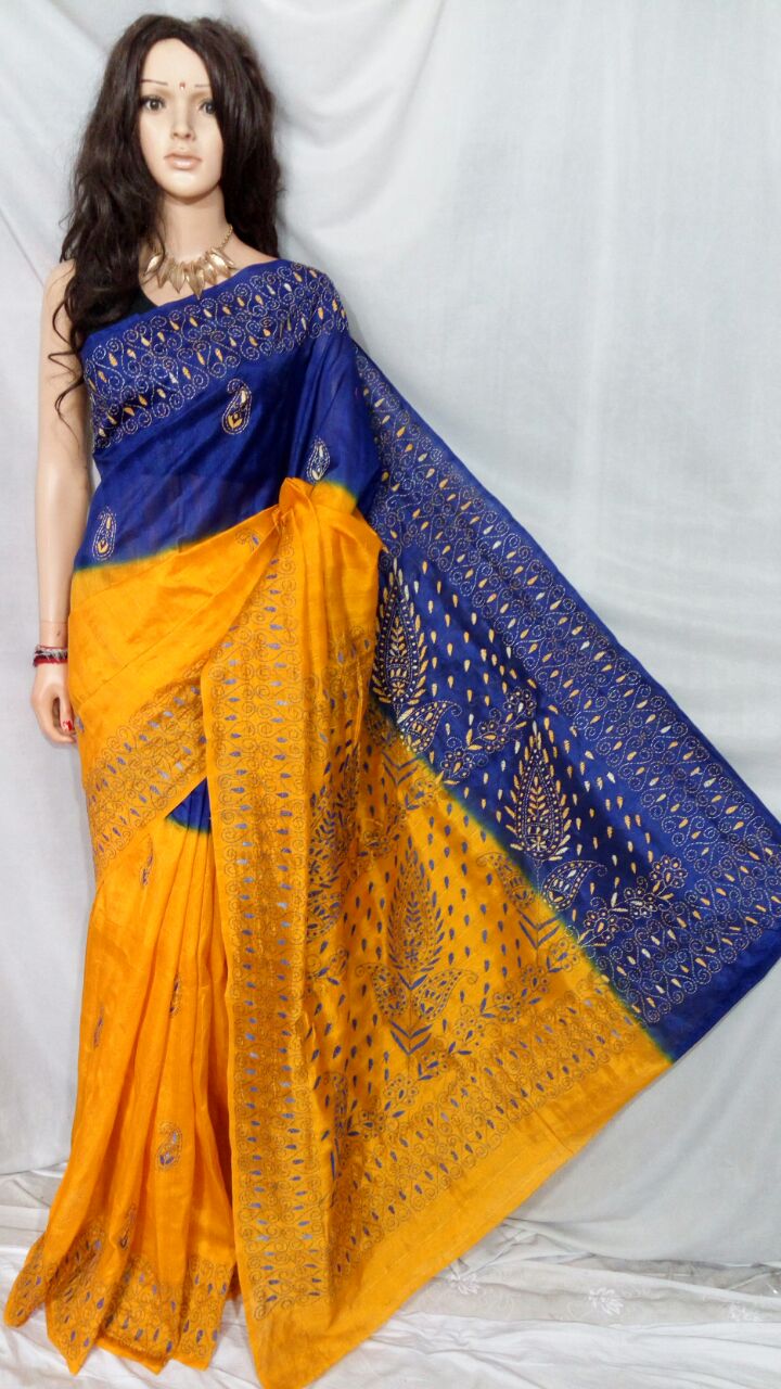 Yellow Blue Bhagalpuri Silk Sarees - Dailybuyys