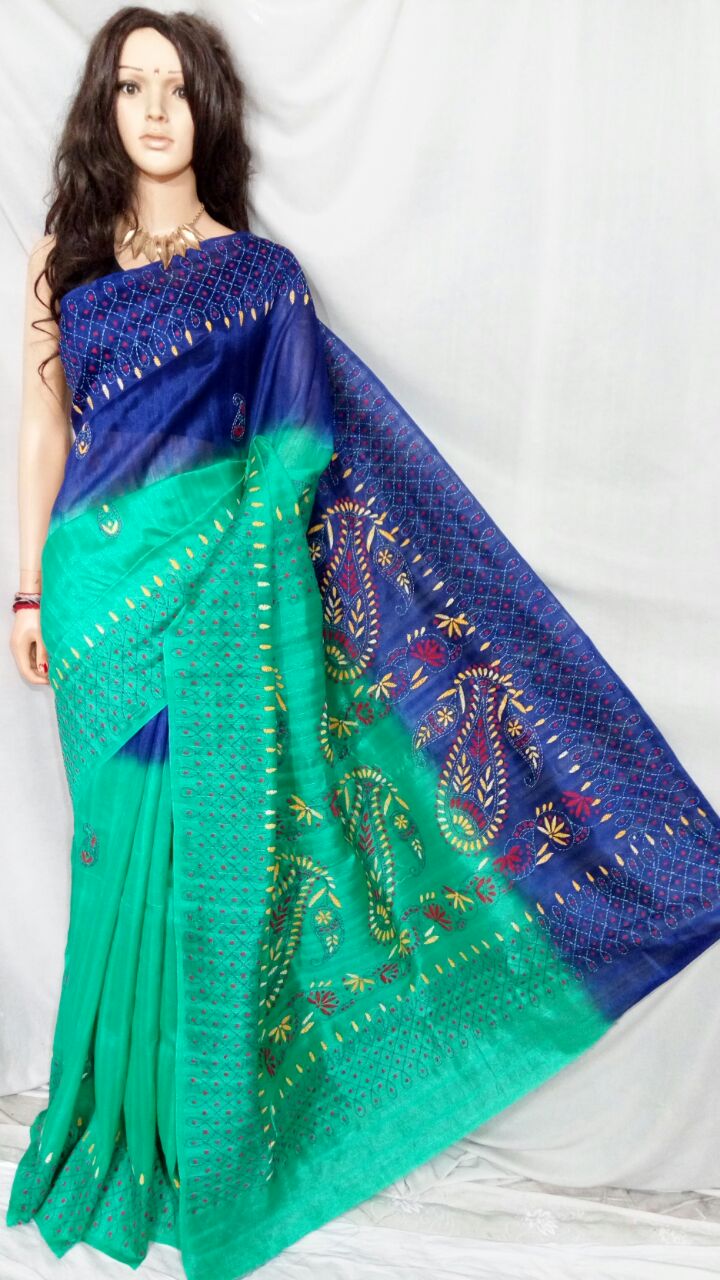 Green Blue Bhagalpuri Silk Sarees - Dailybuyys