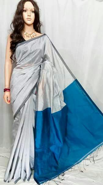 White Blue Pure Cotton Silk Sarees - Dailybuyys