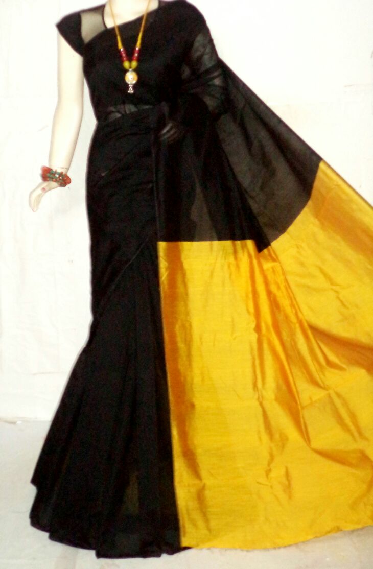 Black Yellow Pure Cotton Silk Sarees - Dailybuyys