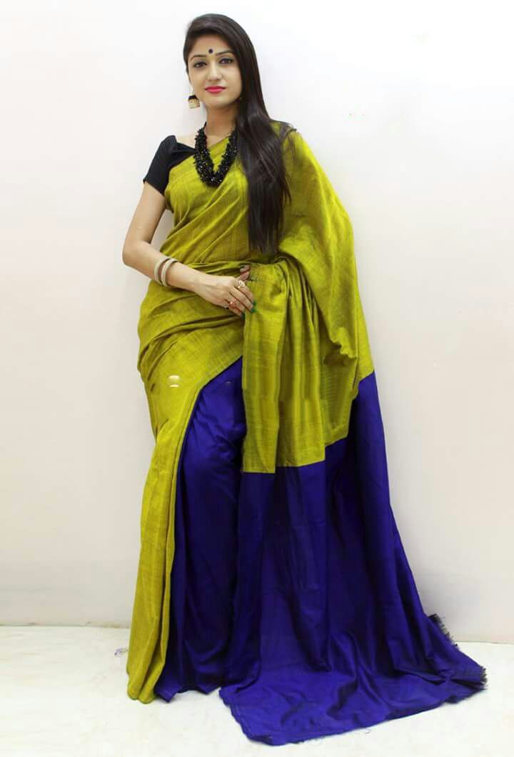 Yellow Blue Pure Cotton Silk Sarees - Dailybuyys