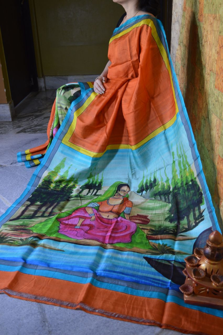 Orange Blue Pure Silk Mark Certified Murshidabad Silk Sarees - Dailybuyys