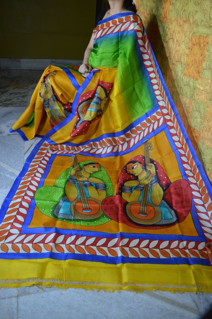 Green Yellow Pure Silk Mark Certified Murshidabad Silk Sarees - Dailybuyys