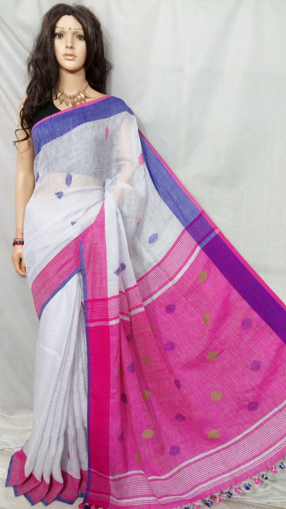 White Pink Pure Linen Sarees