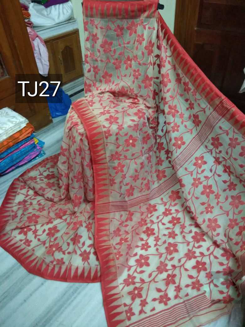 Red Beige Jamdani Sarees - Dailybuyys