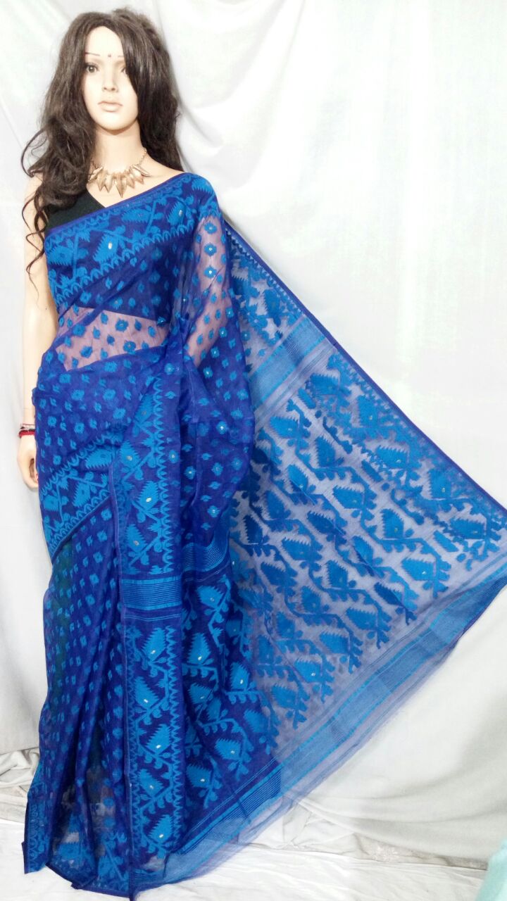 Blue Dhakai Jamdani Sarees - Dailybuyys