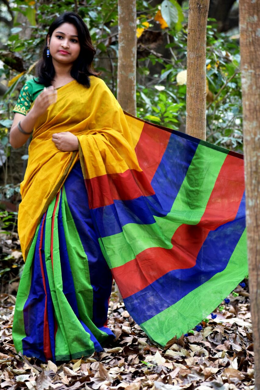 Yellow Green Handloom Pure Cotton Silk Sarees - Dailybuyys