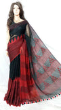 Black Red 80 Count Pure Linen Sarees