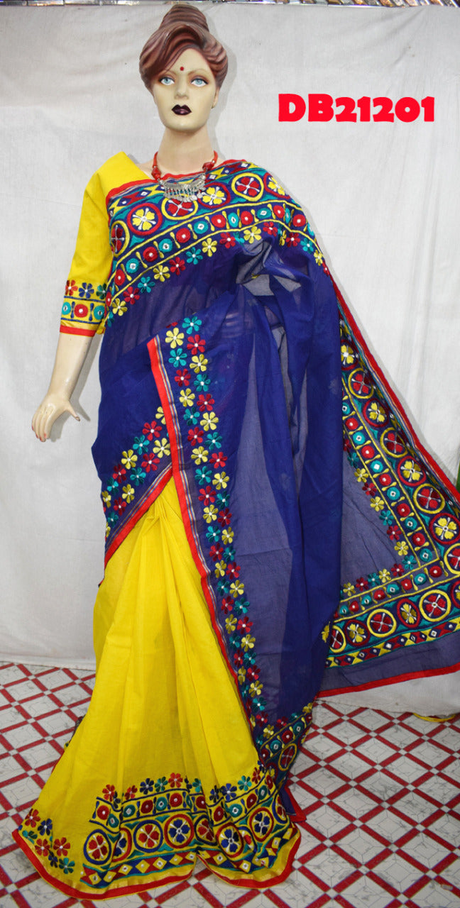 Blue Yellow Kathiawari Sarees - Dailybuyys
