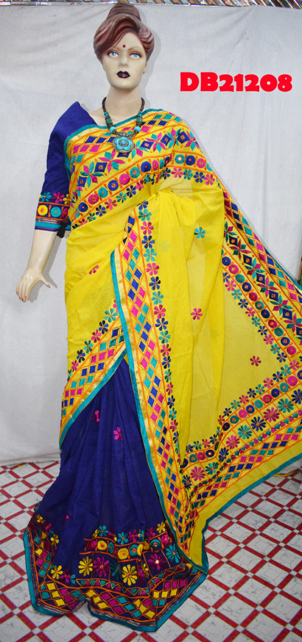 Yellow Blue Kathiawari Sarees - Dailybuyys