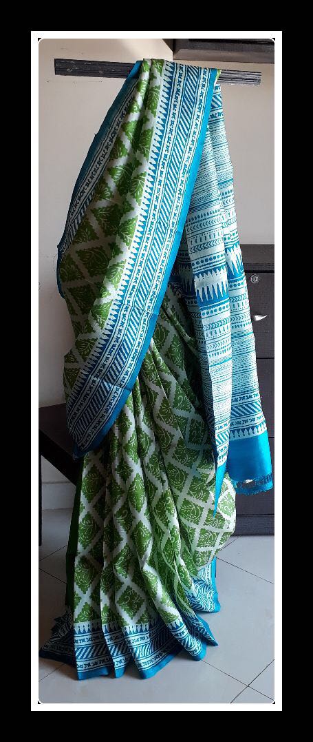 Blue Block Printed Pure Silk Mark Certified Murshidabad Silk Sarees - Dailybuyys