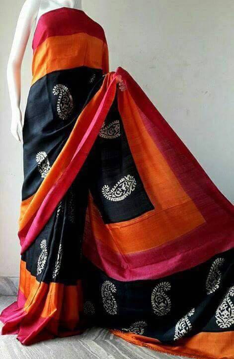 Black Orange Discharge Block Printed Pure Silk Mark Certified Bishnupuri Silk Sarees - Dailybuyys