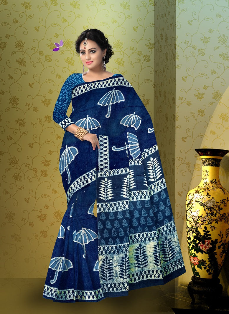 Blue Bagru Printed Pure Cotton Sarees - Dailybuyys