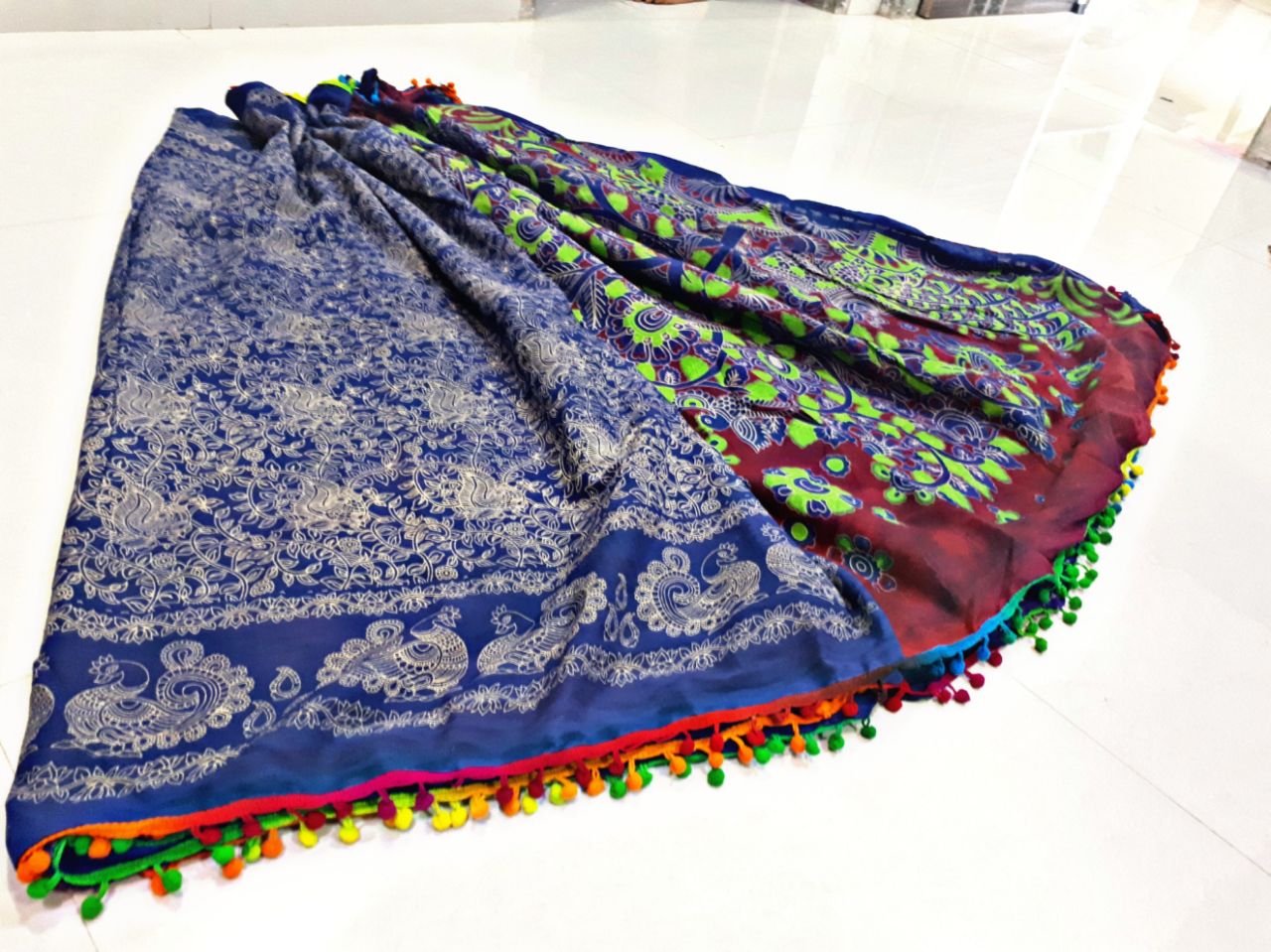 Blue Bagru Printed Pure Cotton Sarees - Dailybuyys