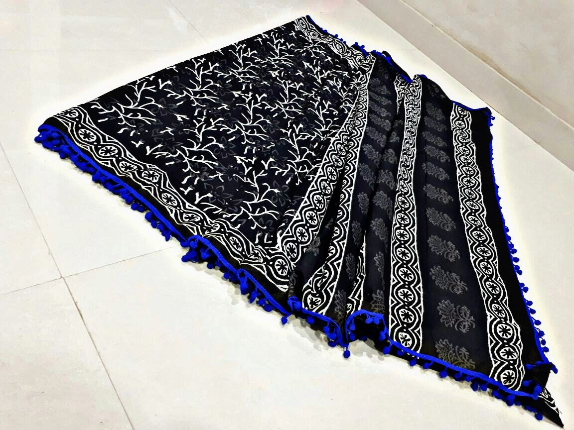Black Bagru Printed Pure Cotton Sarees - Dailybuyys