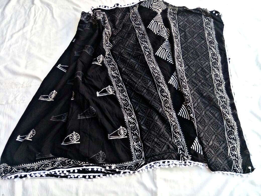 Black Bagru Printed Pure Cotton Sarees - Dailybuyys