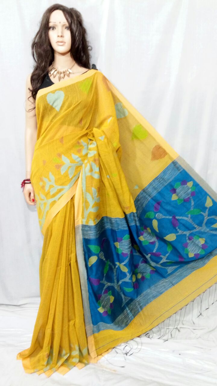 Yellow Blue Pure Cotton Silk Sarees - Dailybuyys