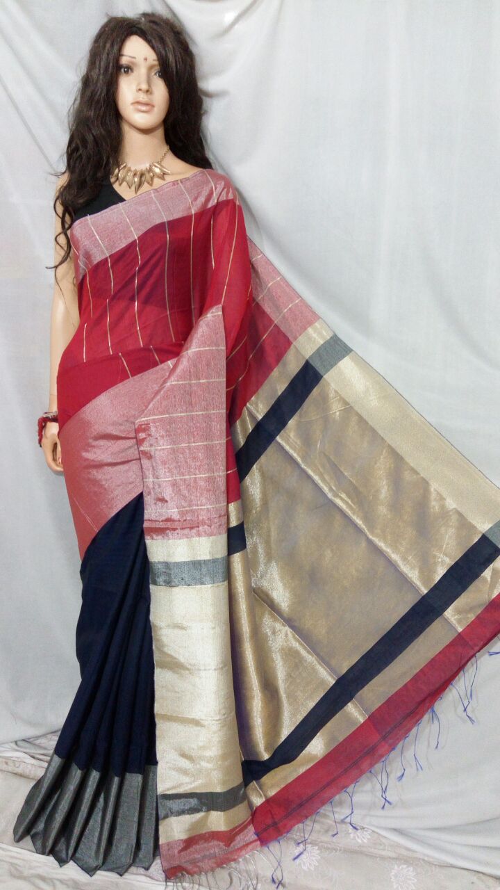 Red Black Mahapar Pure Cotton Silk Sarees - Dailybuyys