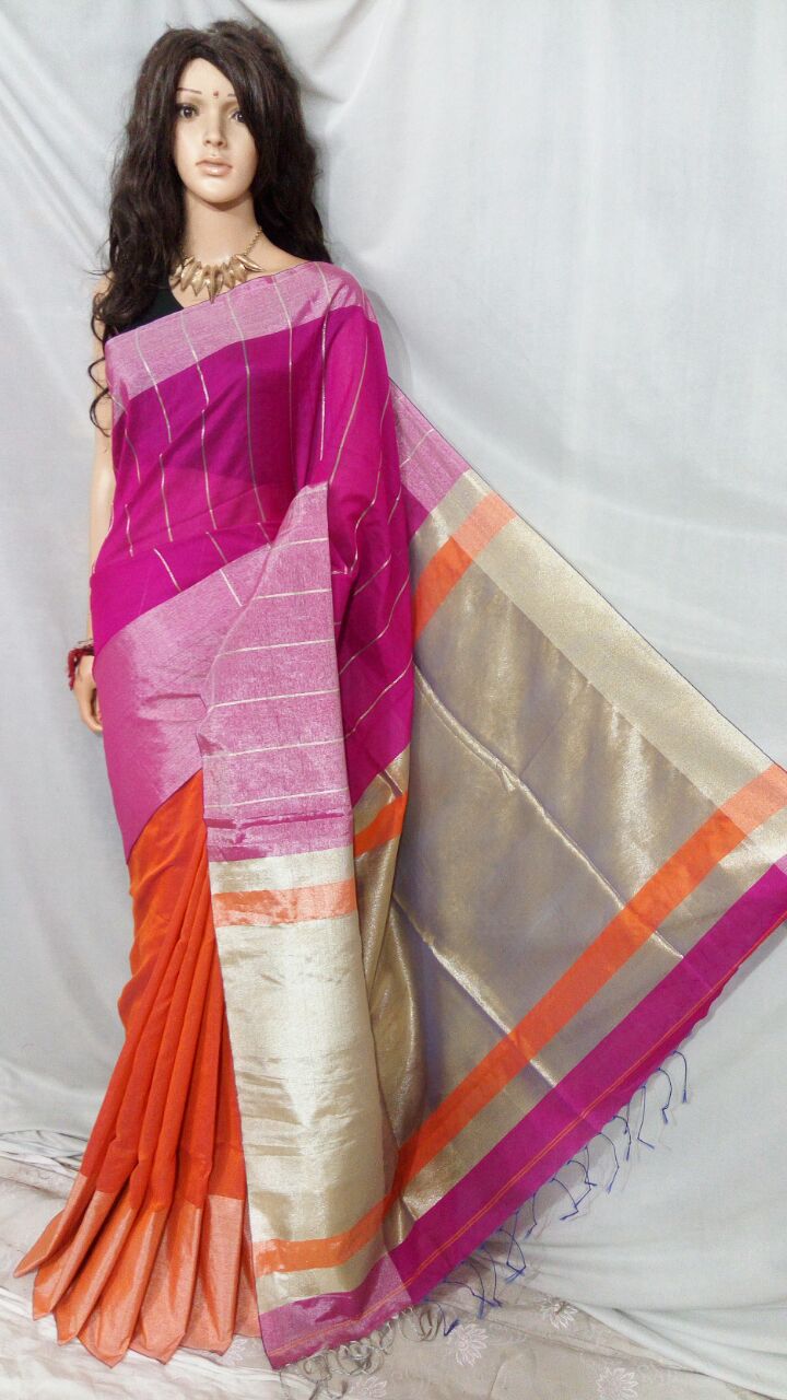Pink Orange Mahapar Pure Cotton Silk Sarees - Dailybuyys