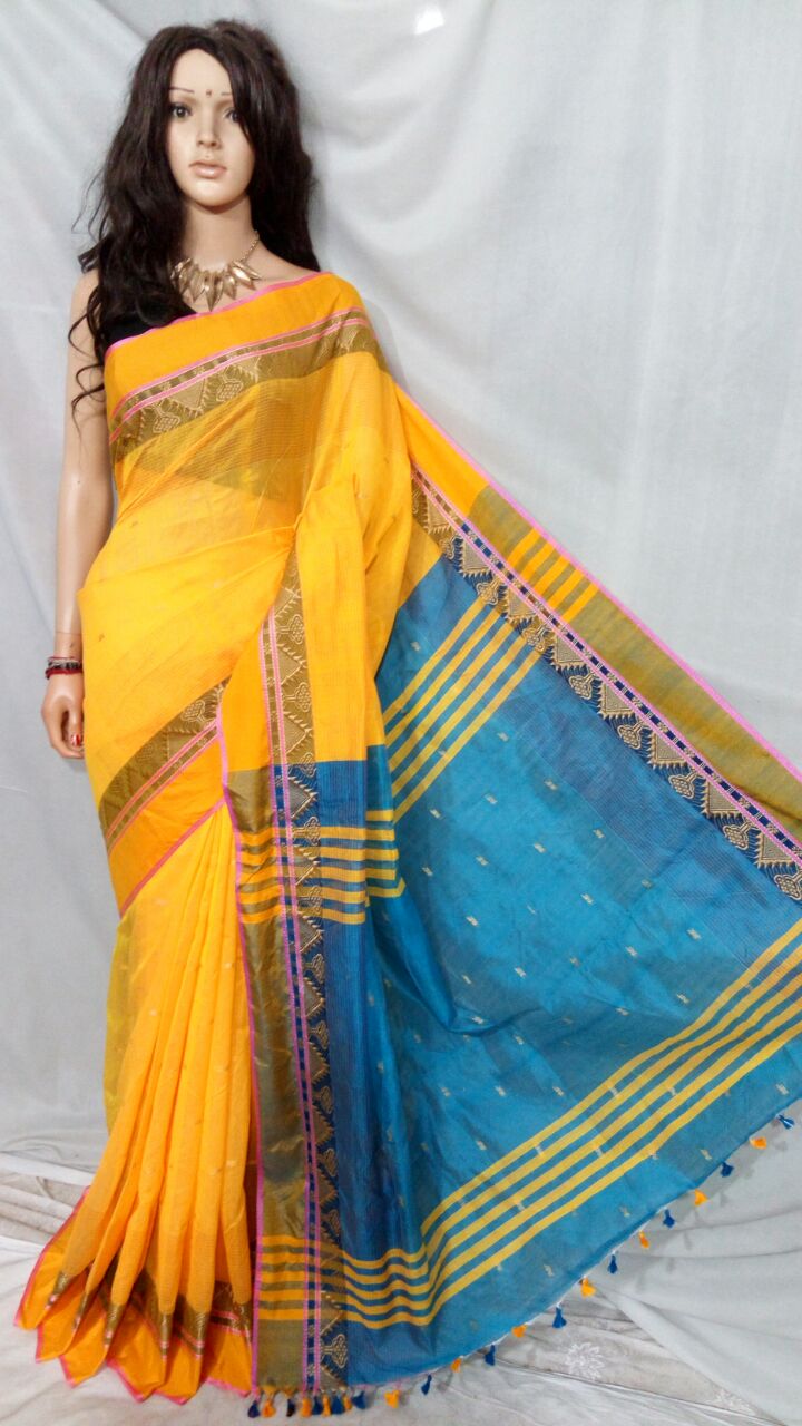 Yellow Blue Pure Cotton Silk Sarees - Dailybuyys