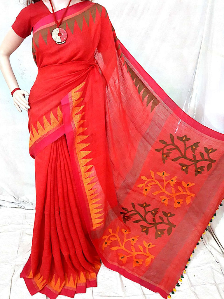 Red Pure Linen Sarees