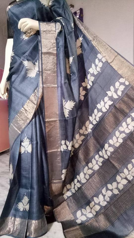 Grey Zari Zari Border Pure Silk Mark Certified Tussar Silk Sarees - Dailybuyys
