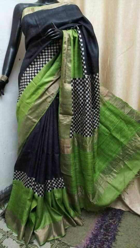 Green Black Zari Zari Border Pure Silk Mark Certified Tussar Silk Sarees - Dailybuyys