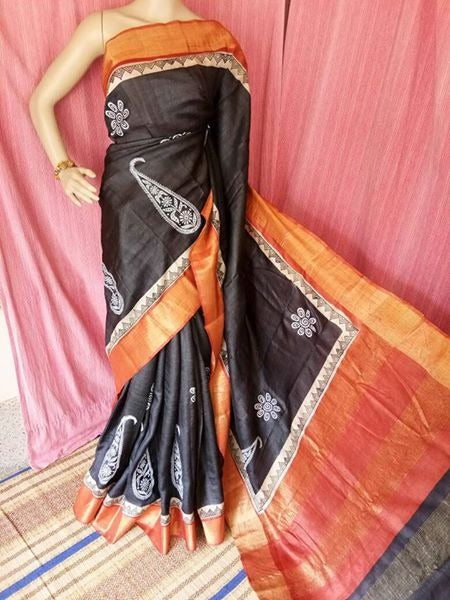 Orange Black Zari Zari Border Pure Silk Mark Certified Tussar Silk Sarees - Dailybuyys
