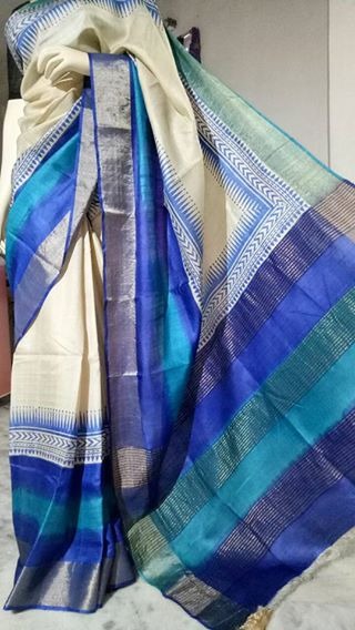 Blue Beige Zari Border Pure Silk Mark Certified Tussar Silk Sarees - Dailybuyys