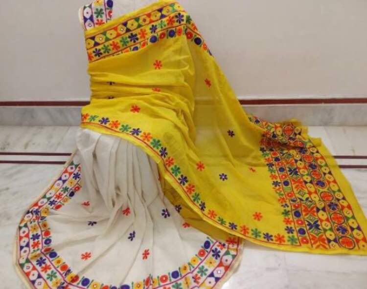 Yellow White Kathiawari Sarees - Dailybuyys