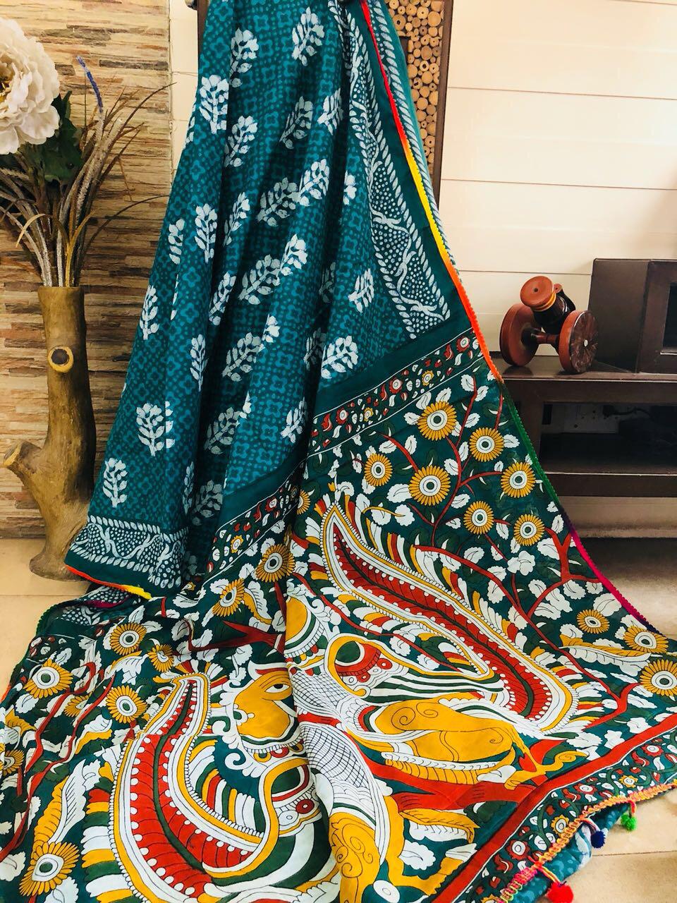 Green Bagru Kalamkari Printed Pure Cotton Sarees - Dailybuyys