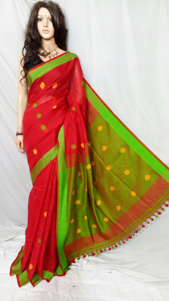 Red Green Pure Linen Sarees