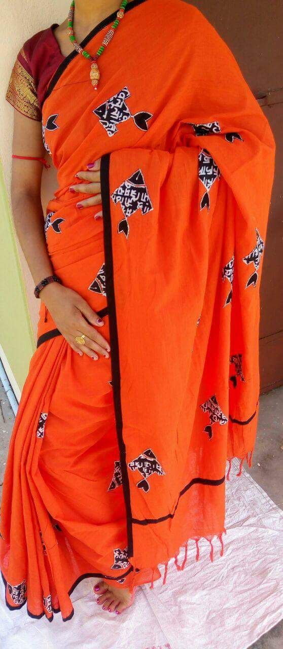 Orange Applique Sarees - Dailybuyys