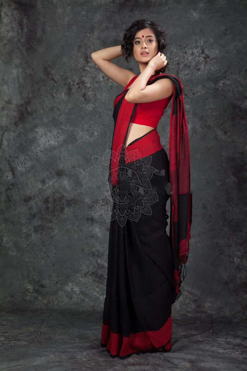 Black Red Pure Linen Sarees - Dailybuyys