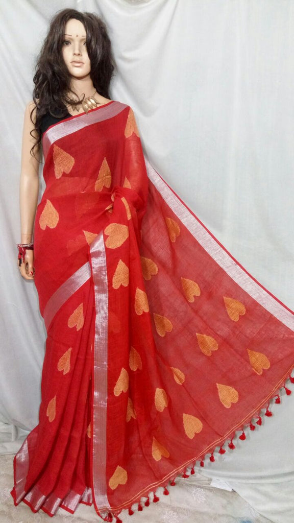 Red Pure Linen Sarees