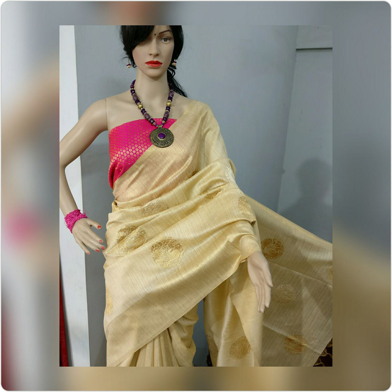 Beige Pink Banarasi Silk Sarees - Dailybuyys