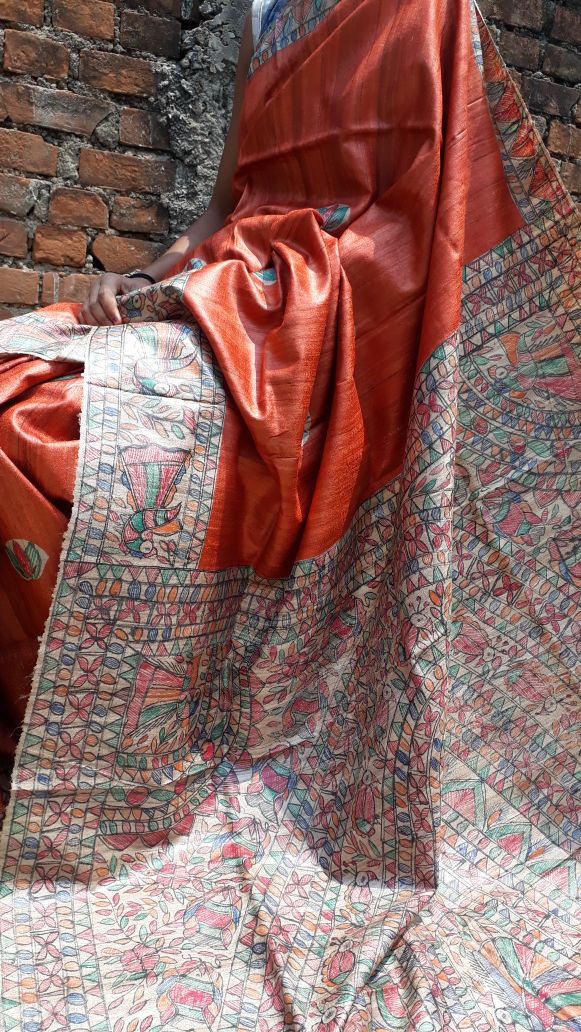 Orange Beige Madhubani Handpaint Pure Silk Mark Certified Tussar Ghicha Silk Sarees - Dailybuyys