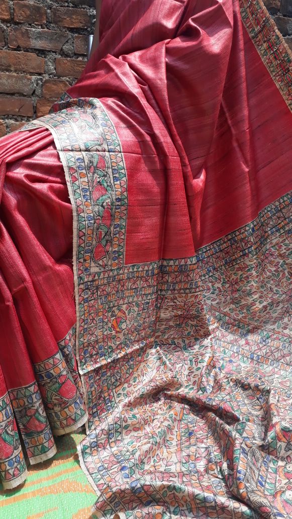 Red Beige Madhubani Handpaint Pure Silk Mark Certified Tussar Ghicha Silk Sarees - Dailybuyys