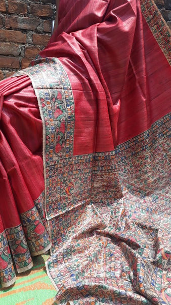 Red Beige Madhubani Handpaint Pure Silk Mark Certified Tussar Ghicha Silk Sarees