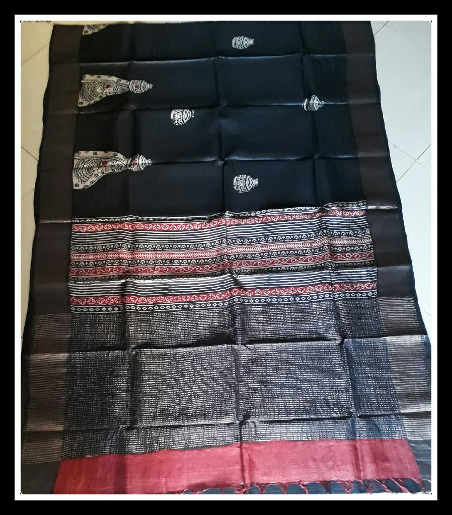 Black Grey Zari Border Pure Silk Mark Certified Tussar Silk Sarees - Dailybuyys