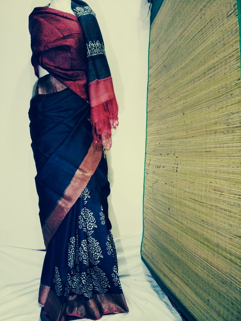 Blue Zari Border Pure Silk Mark Certified Tussar Silk Sarees - Dailybuyys