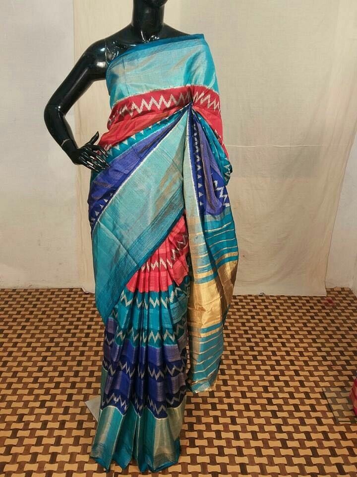 Blue Zari Border Pure Silk Mark Certified Tussar Silk Sarees - Dailybuyys