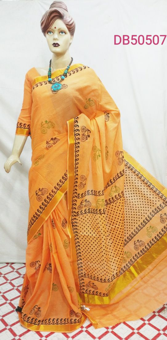 Orange Kerala Pure Cotton Sarees - Dailybuyys