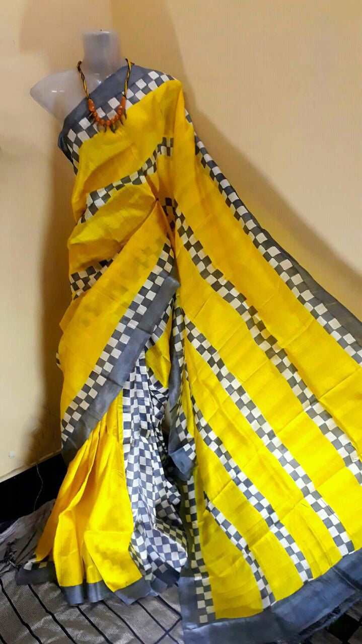 Yellow Pure Silk Mark Certified Murshidabad Silk Sarees - Dailybuyys
