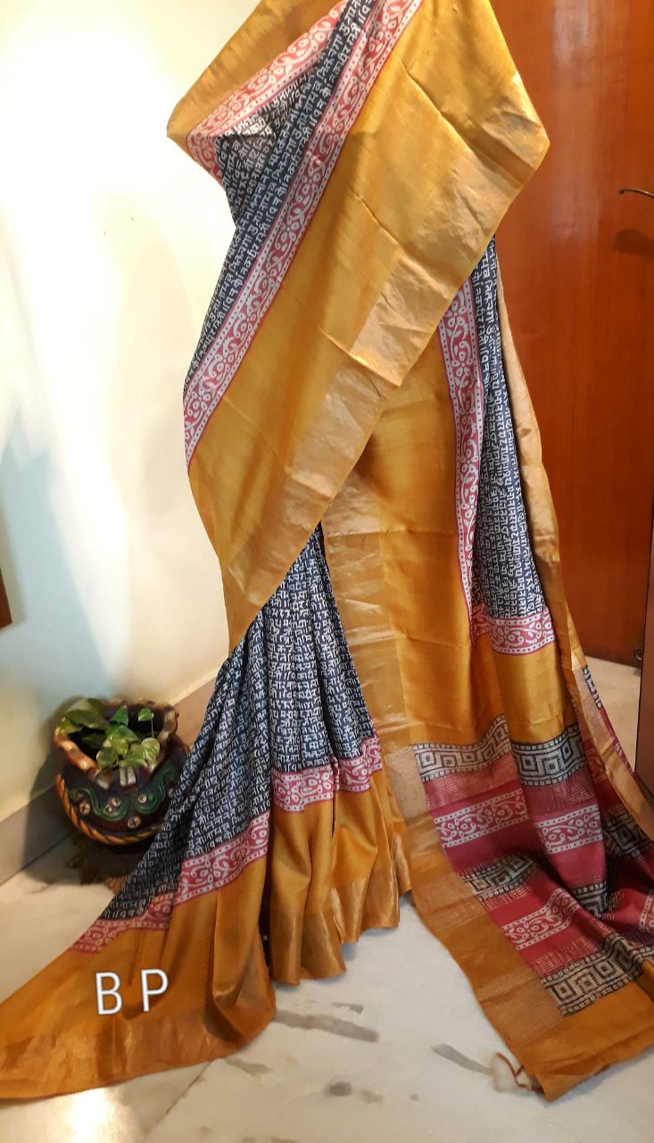 Grey Yellow Zari KK Block Printed Zari Border Pure Silk Mark Certified Tussar Silk Sarees - Dailybuyys