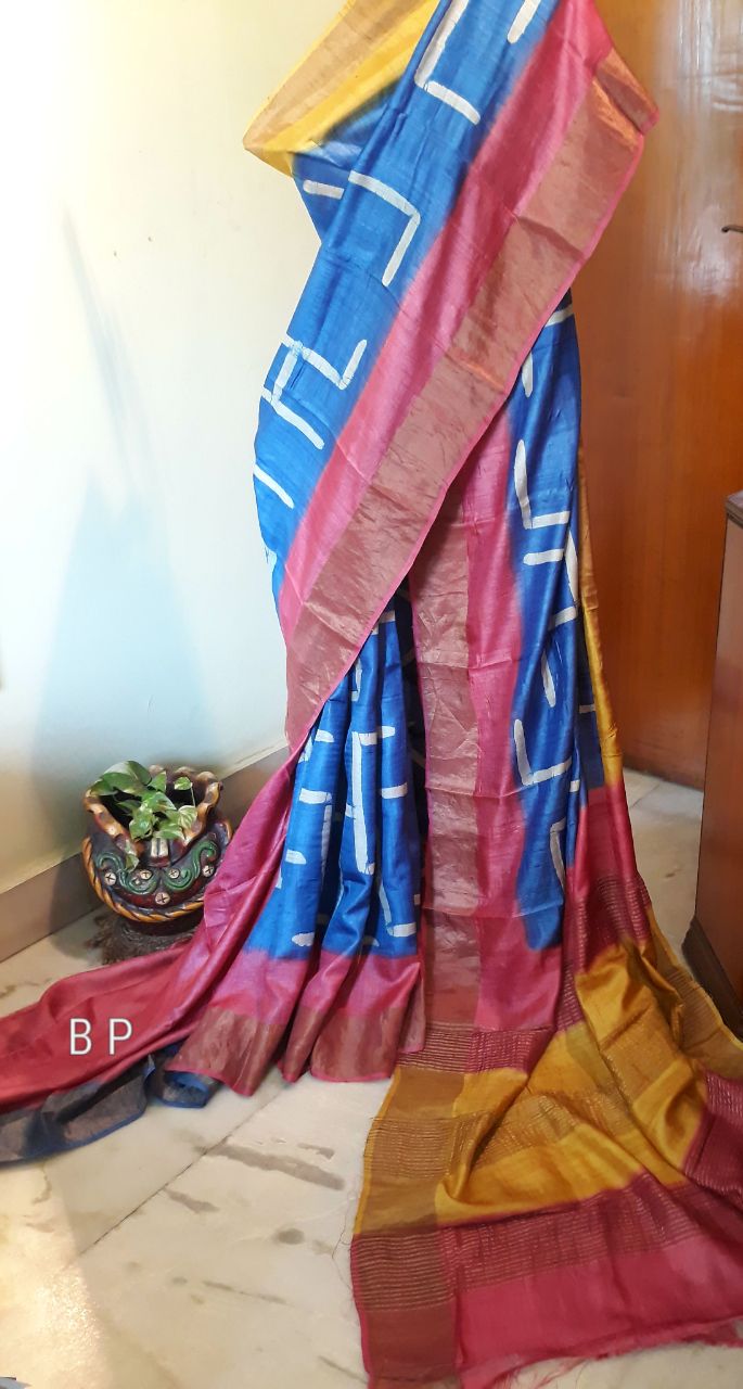 Blue Hand Painted Zari Border Pure Silk Mark Certified Tussar Silk Sarees - Dailybuyys